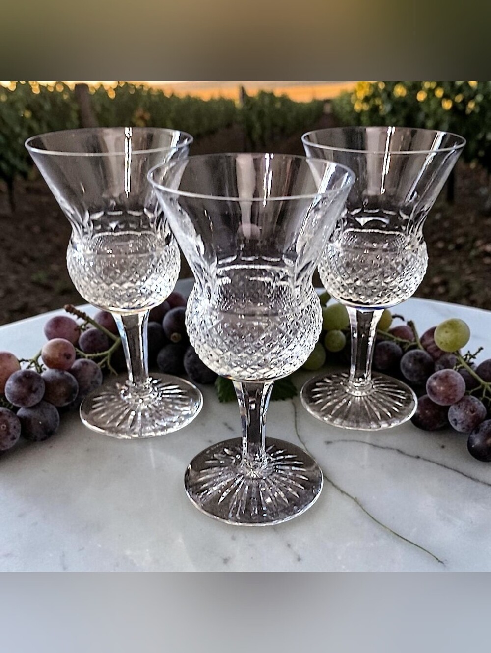 3 Vtg Edinburgh Crystal PLAIN Thistle Claret Wine Glasses Cut Crystal Scotland